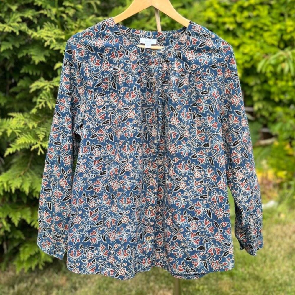 Purejill Blue Block Printed Pintuck Top Bohemian Artisan Cotton Voile Blouse
